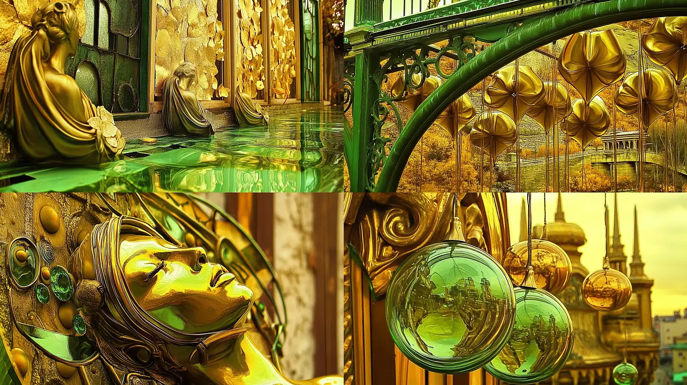 Golden Art Nouveau Dreamscape with Futuristic Overtones - Midjourney sref style