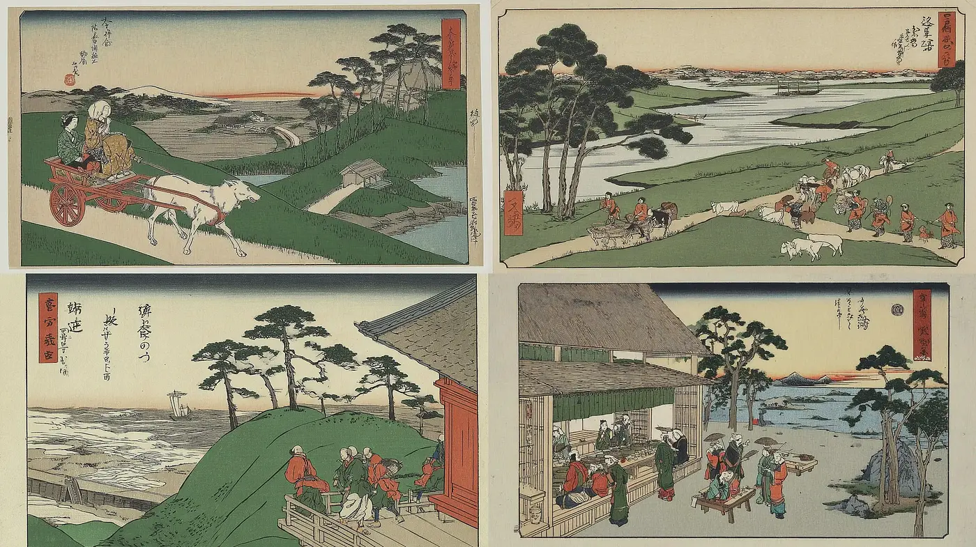 Traditional Japanese Ukiyo-e Style with Natural Landscapes and Everyday Life - Midjourney sref style