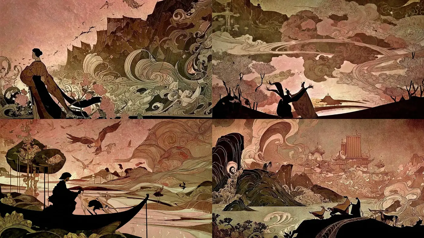 Elegant Harmony of Traditional Aesthetic and Fluid Dynamics - Midjourney sref style