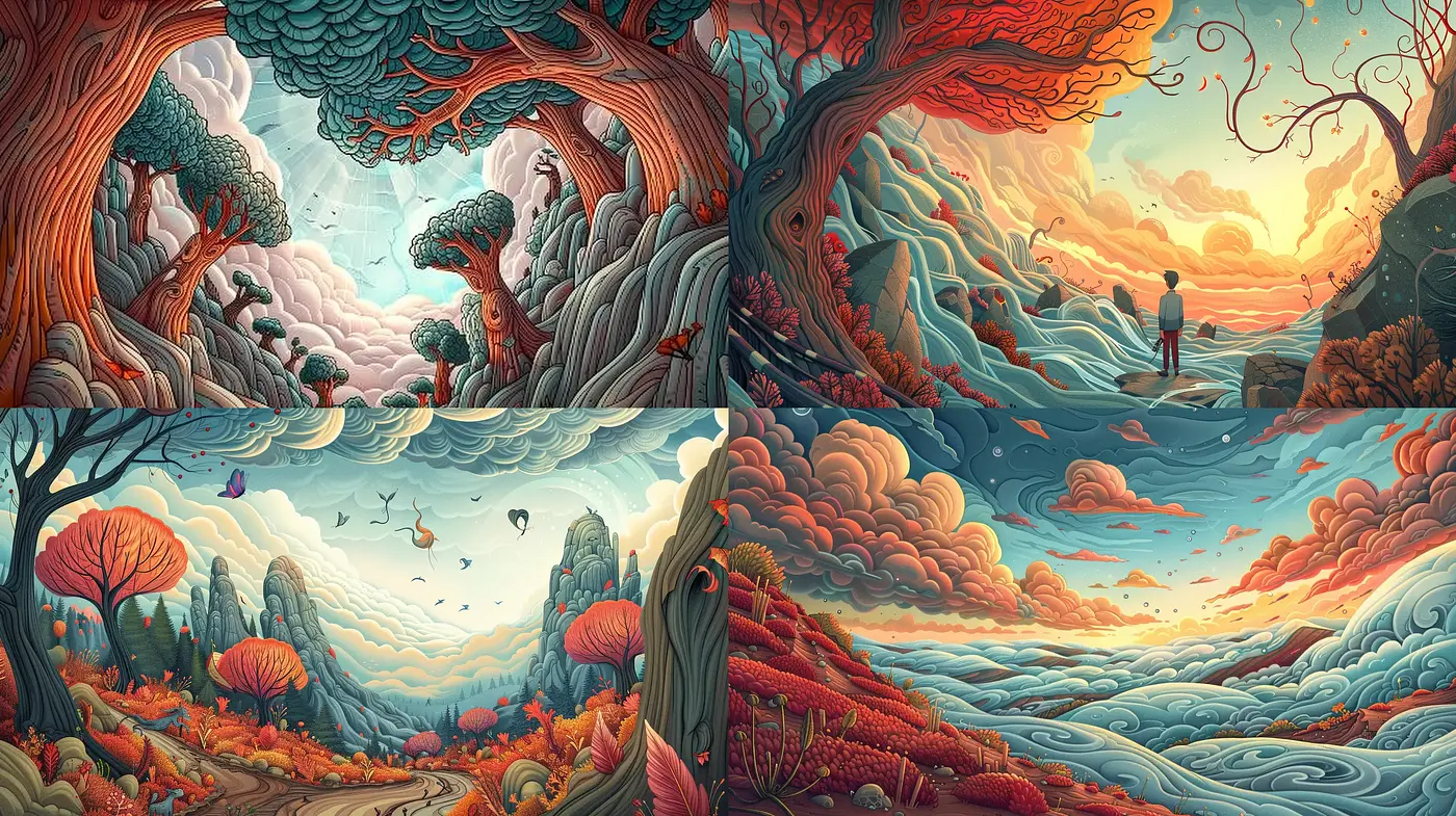 Surreal Arboreal Dreamscape with Vivid Hues and Whimsical Tones - Midjourney sref style
