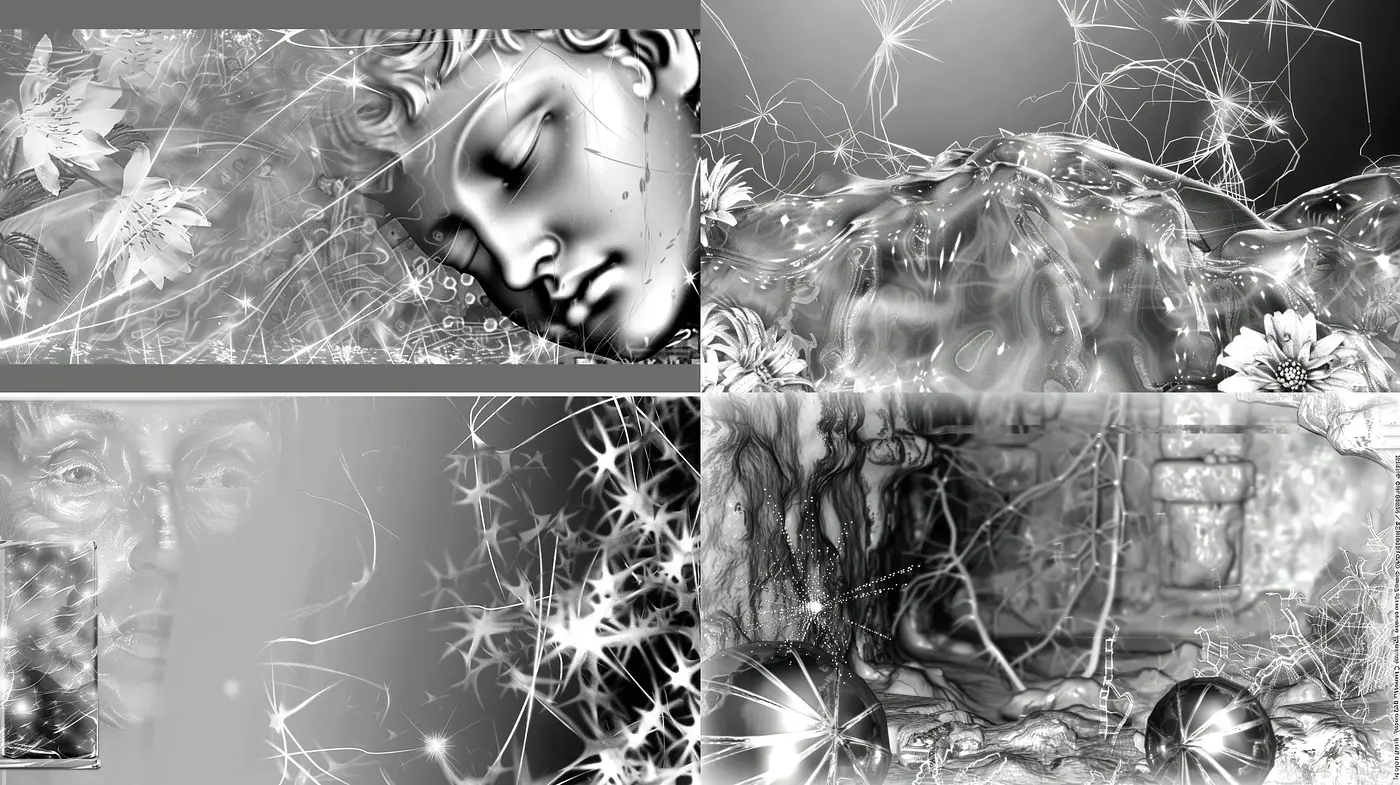 Ethereal Monochrome Dreamscape: A Harmony of Contrasts in Grayscale - Midjourney sref style