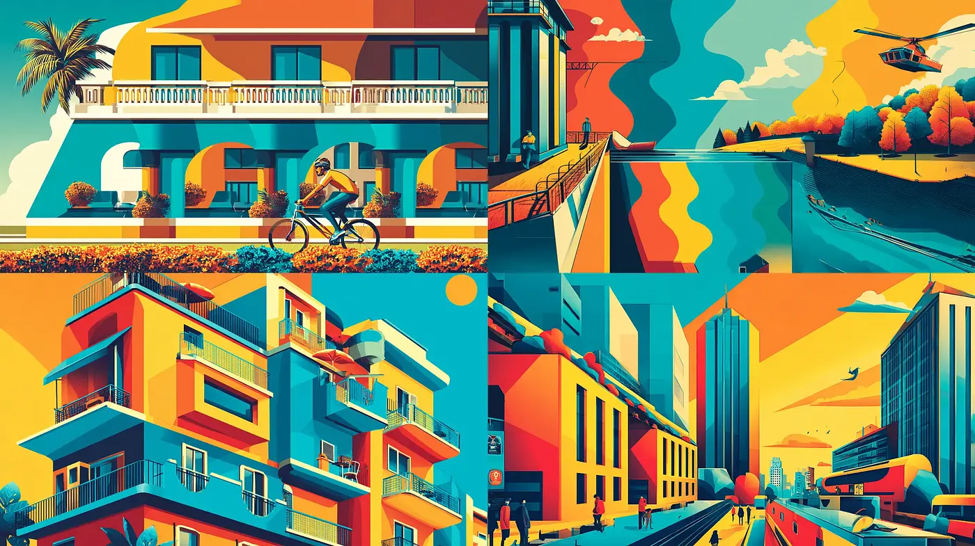 Vibrant retro-inspired urban architecture with dynamic shapes - Midjourney sref style