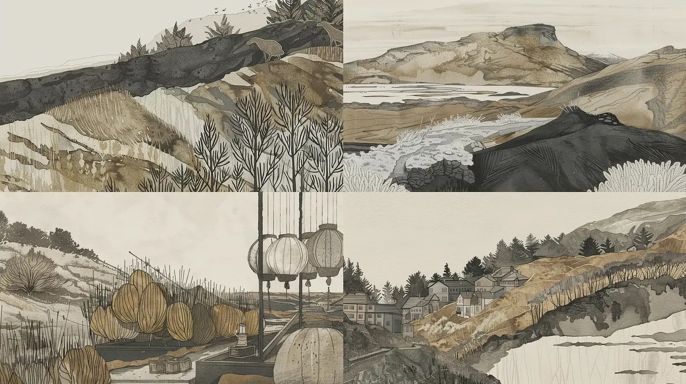 Monochromatic Sepia Landscapes with Fine Ink Details - Midjourney sref style