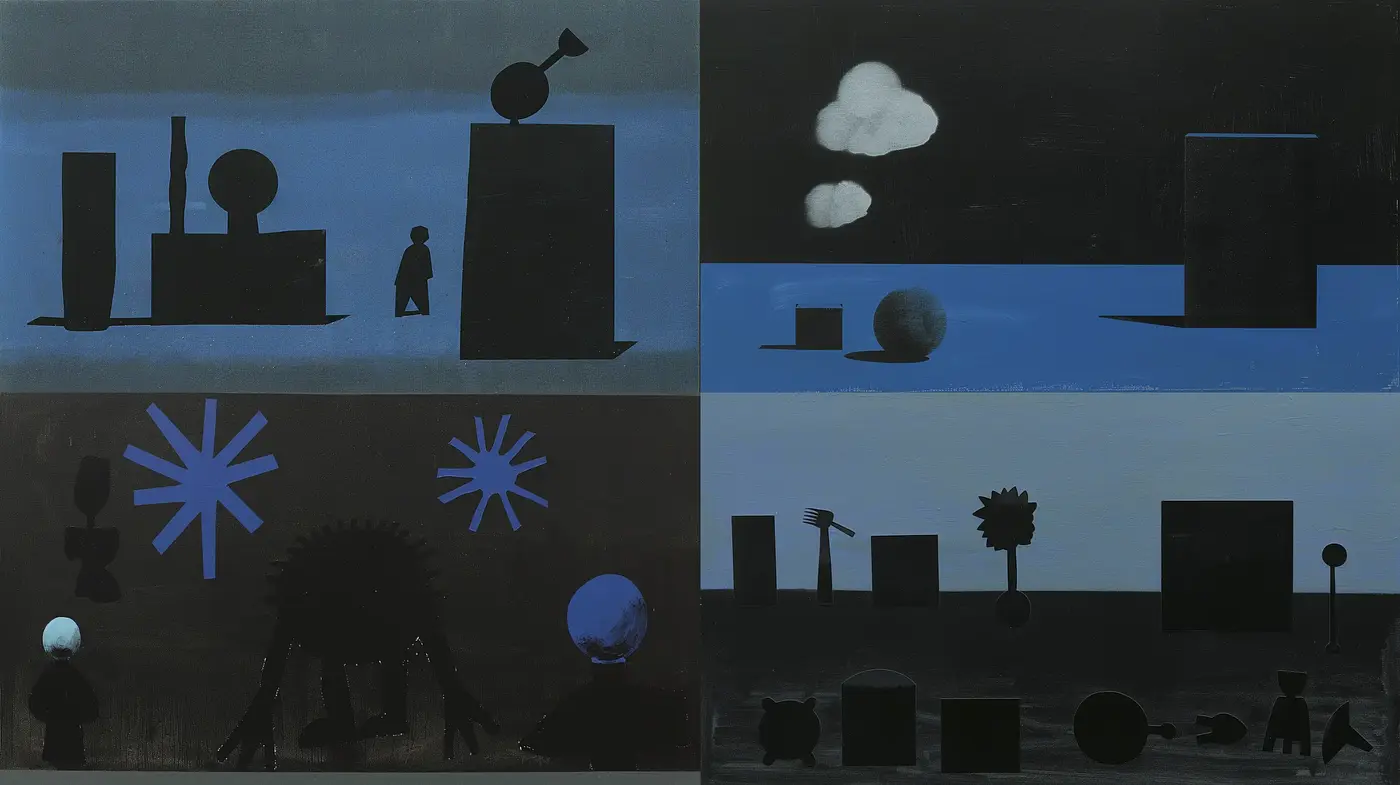 Abstract Silhouettes and Hues: A Study in Monochromatic Minimalism and Texture Variance - Midjourney sref style