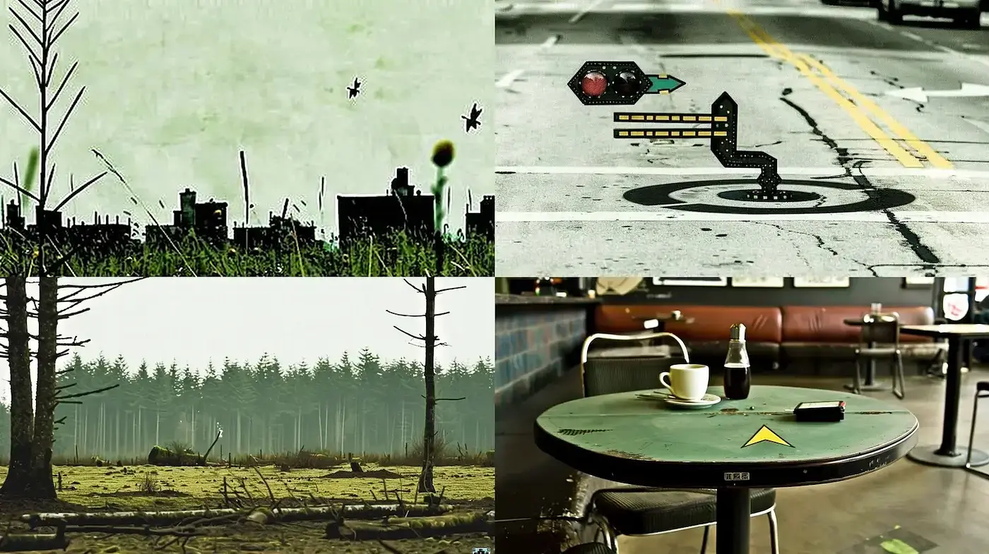 Stylized Visions of Urban and Natural Landscapes with Mixed Media Elements - Midjourney sref style