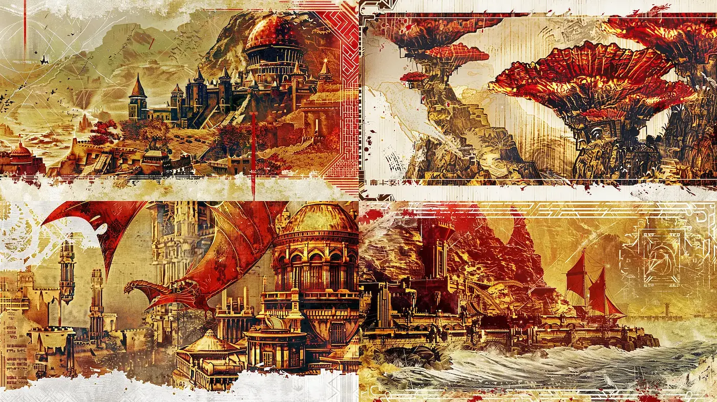 Epic landscape with detailed architecture and a fantastical atmosphere - Midjourney sref style