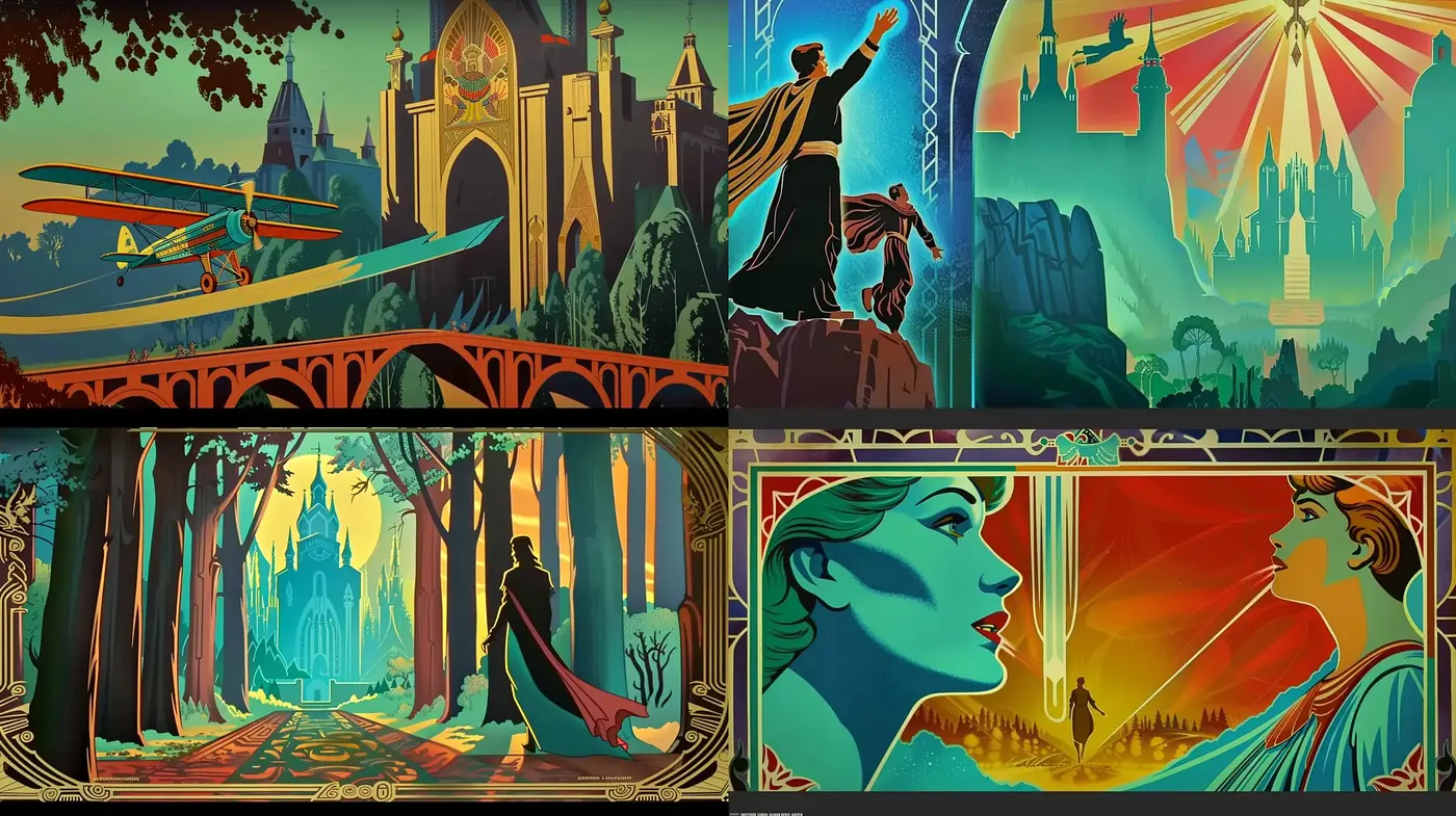 Art Deco Reverie: A Stylized Intersection of Modernity and Myth - Midjourney sref style
