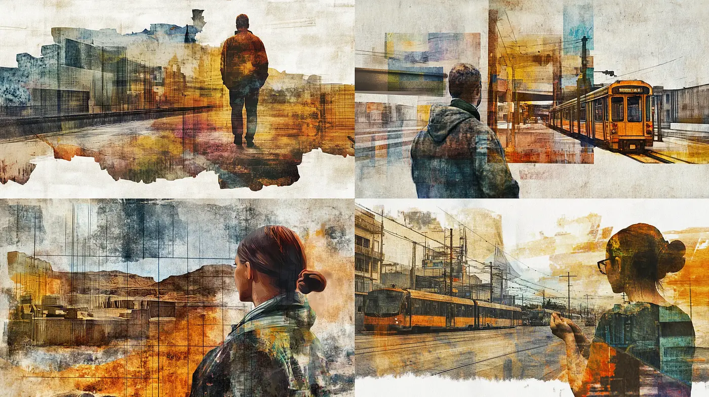 Urban Echoes: A Fusion of Watercolor Washes and Abstract Expressionism - Midjourney sref style