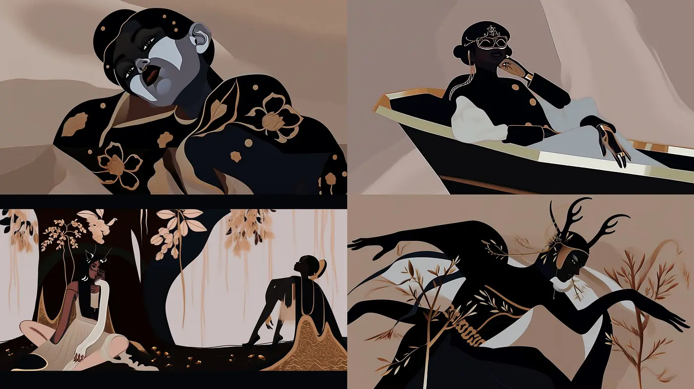 Monochromatic Elegance with Gold Floral Accents Conveying a Serene yet Mysterious Ambiance - Midjourney sref style