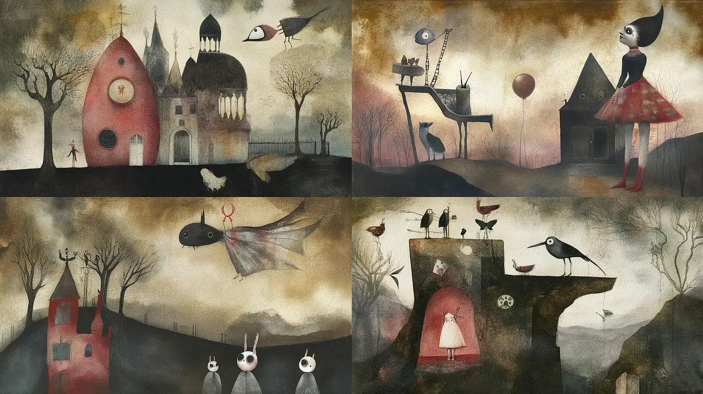 Whimsical Gothic Reverie in Muted Watercolor - Midjourney sref style