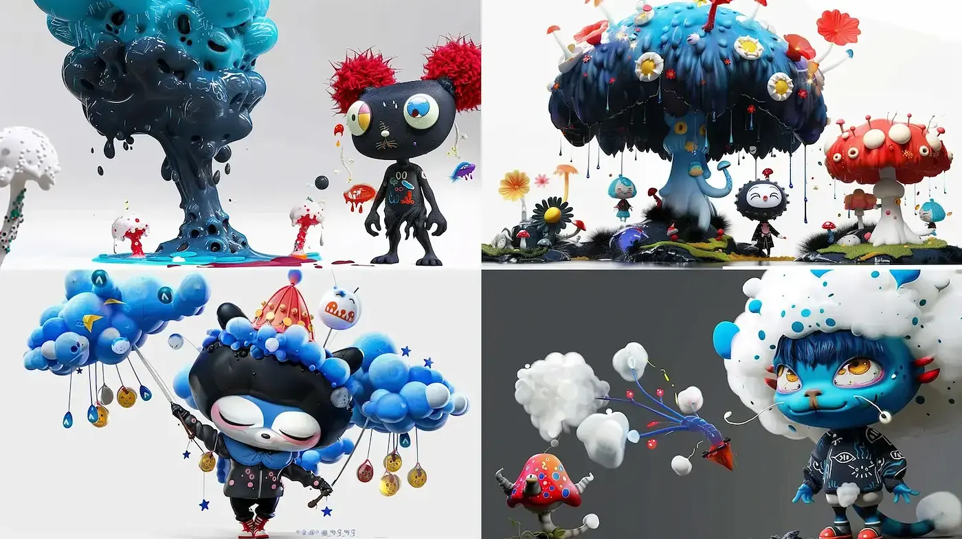 Whimsical and Playful Character Designs with Surreal Nature Elements - Midjourney sref style