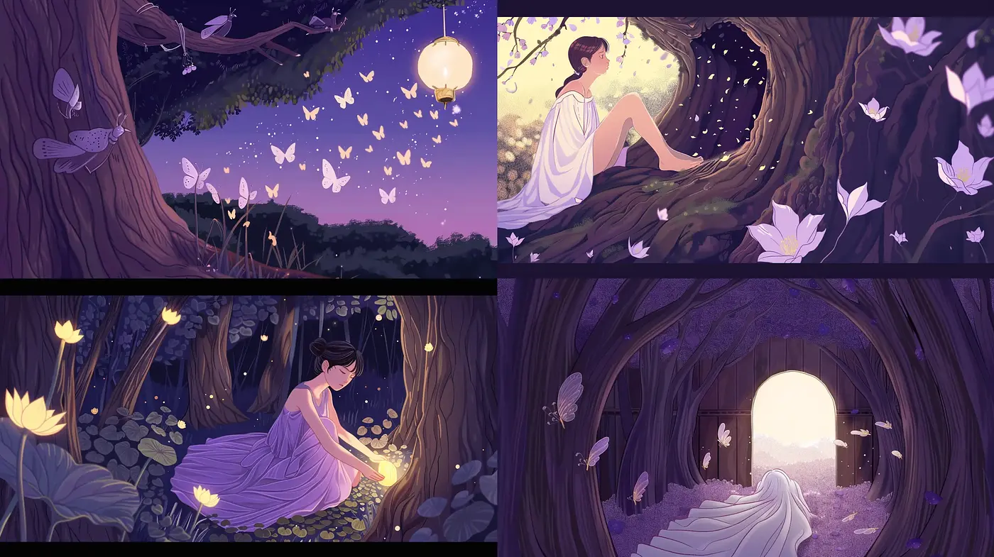 Enchanted Twilight Dreamscape: A Consistent Vision of Serene Purple Hues and Ethereal Light - Midjourney sref style