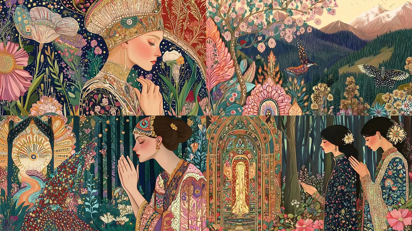 Enchanting Florid Tapestry in Art Nouveau Elegance - Midjourney sref style