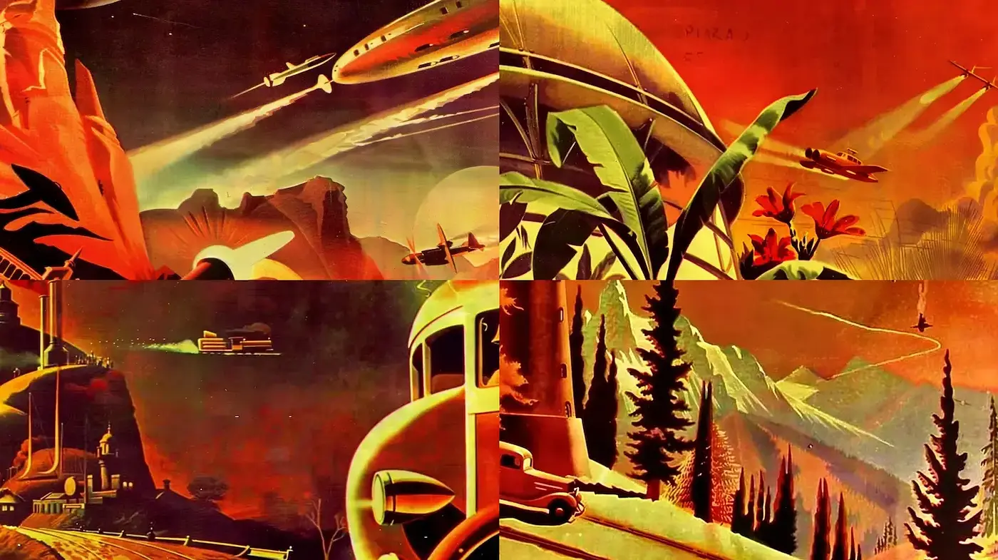 Dynamic retro-futuristic landscapes with a nostalgic aura - Midjourney sref style