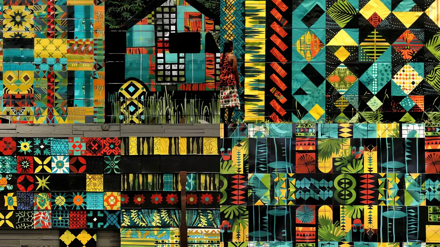 Geometric Patchwork Fusion with African Art Motifs - Midjourney sref style