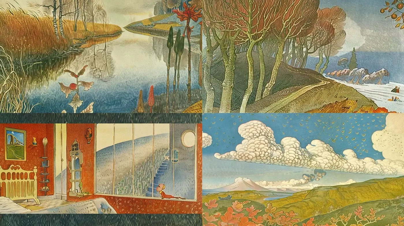 Ethereal Dreamscapes with a Touch of Retro-Fantasy Illustration - Midjourney sref style