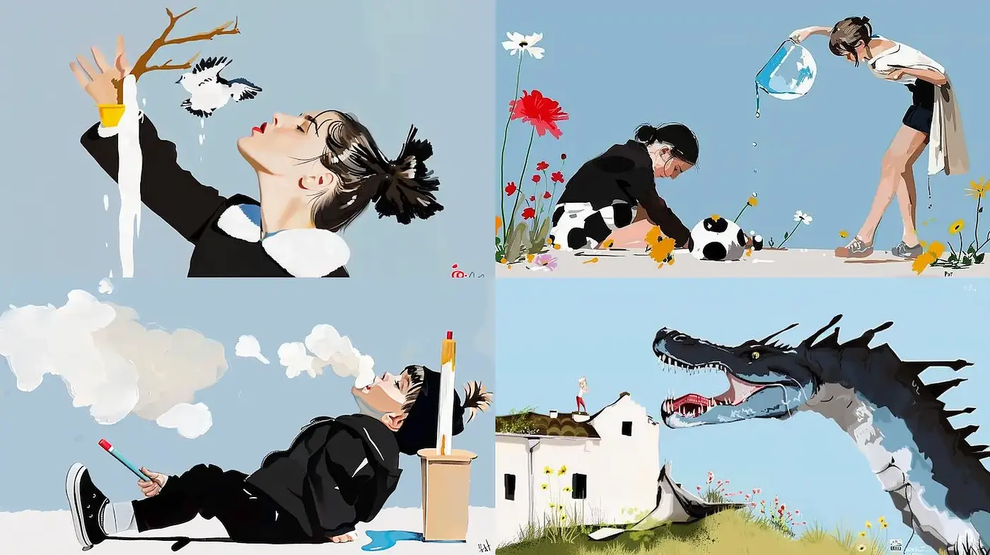 Playful and Whimsical Illustrations with a Dreamlike Quality - Midjourney sref style
