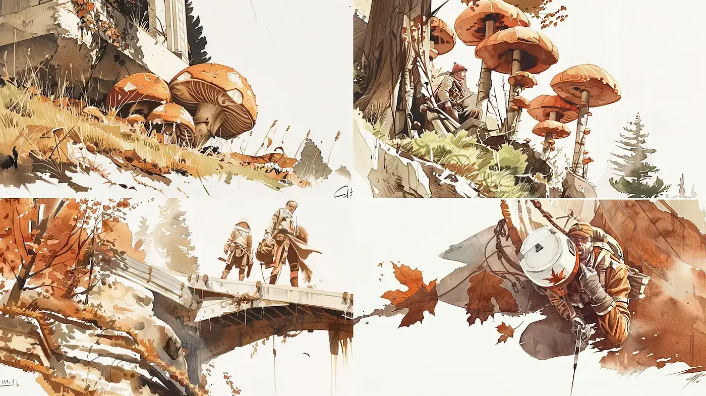 Warm-Toned Autumnal Elegance with Ink Wash Inflections - Midjourney sref style