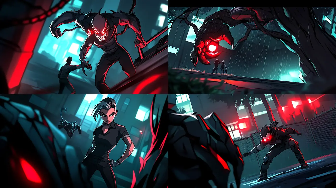 Dynamic Cyberpunk Action with a Hint of Neon Noir - Midjourney sref style