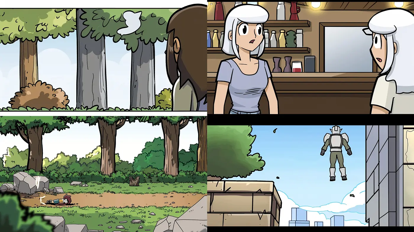 Consistent Comic Book Essence with Vivid Green Overtones and Stylized Character Design - Midjourney sref style