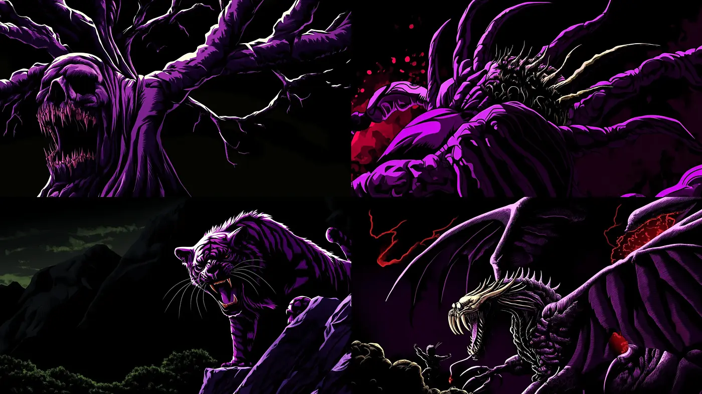 Nocturnal Vibrancy: A Fusion of Energetic Horror and Radiant Hues - Midjourney sref style