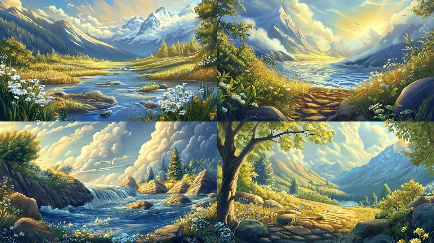 Idyllic Serenity: A Harmonious Blend of Natural Landscapes and Ethereal Light - Midjourney sref style