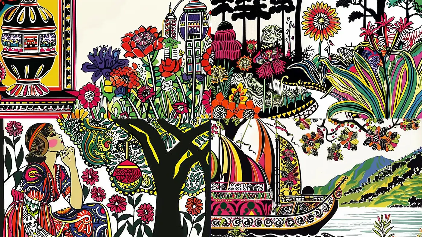 Vibrant and intricate illustrations with a touch of folklore-inspired charm - Midjourney sref style