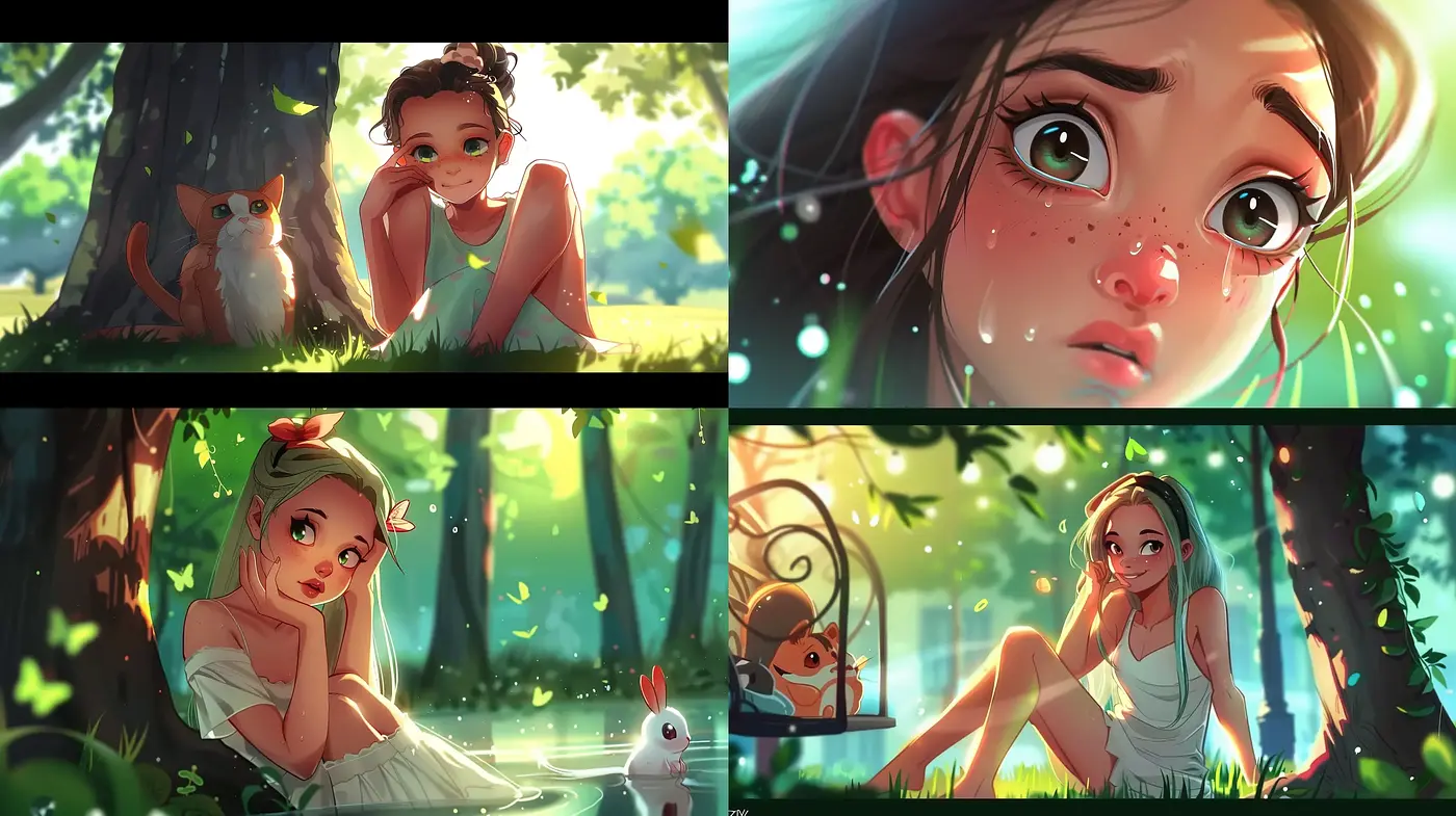 Enchanting Forest Whimsy with Luminous Anime-Inspired Characters - Midjourney sref style