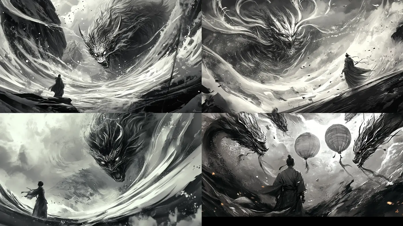 Tempestuous Monochrome Whirls in Surrealistic Visions - Midjourney sref style