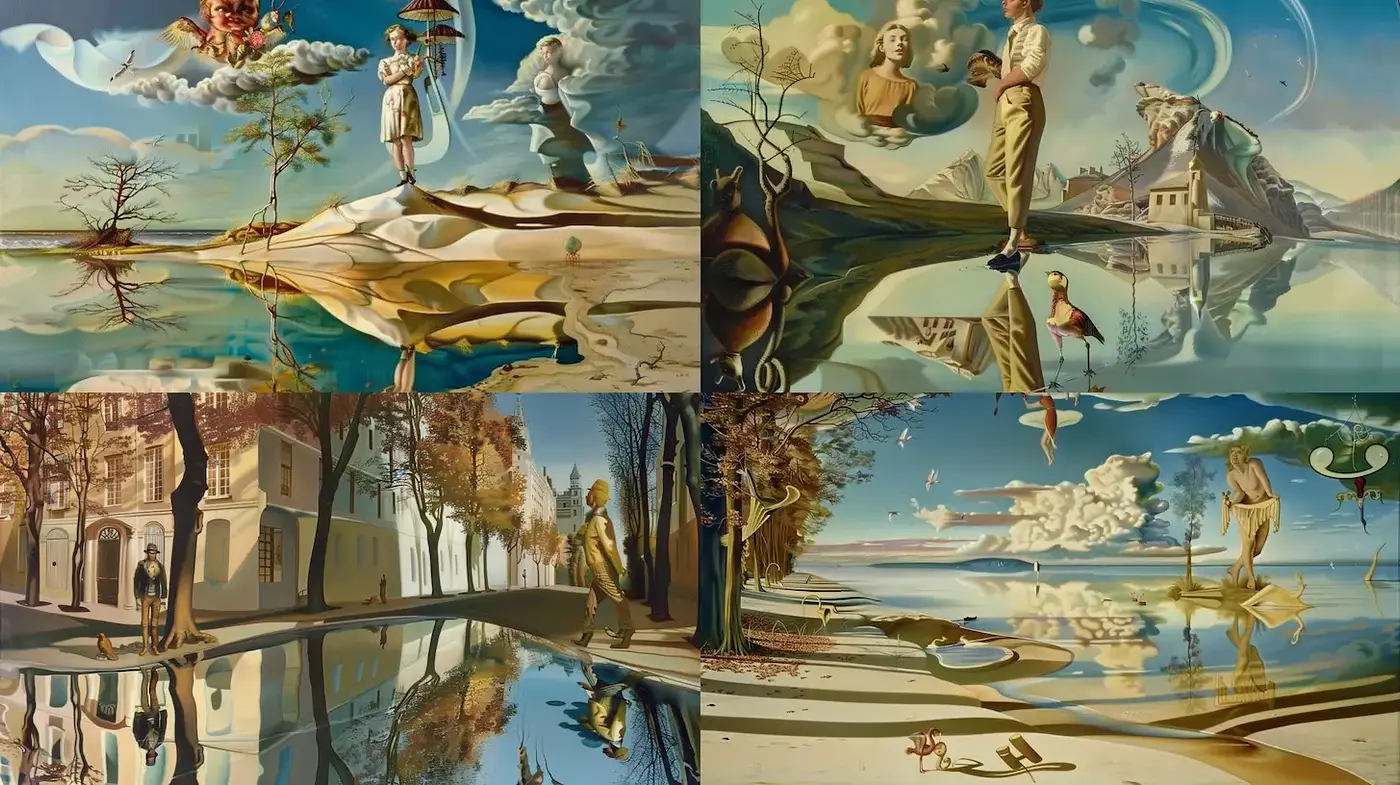 Surrealist Dreamscapes with Reflective Elements and Distorted Realities - Midjourney sref style