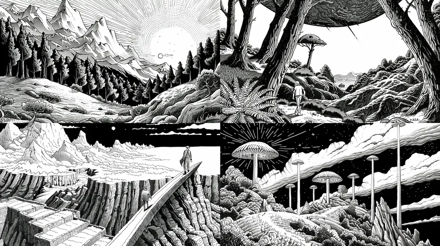 Intricately Detailed Surreal Landscapes with Black and White Illustrations - Midjourney sref style