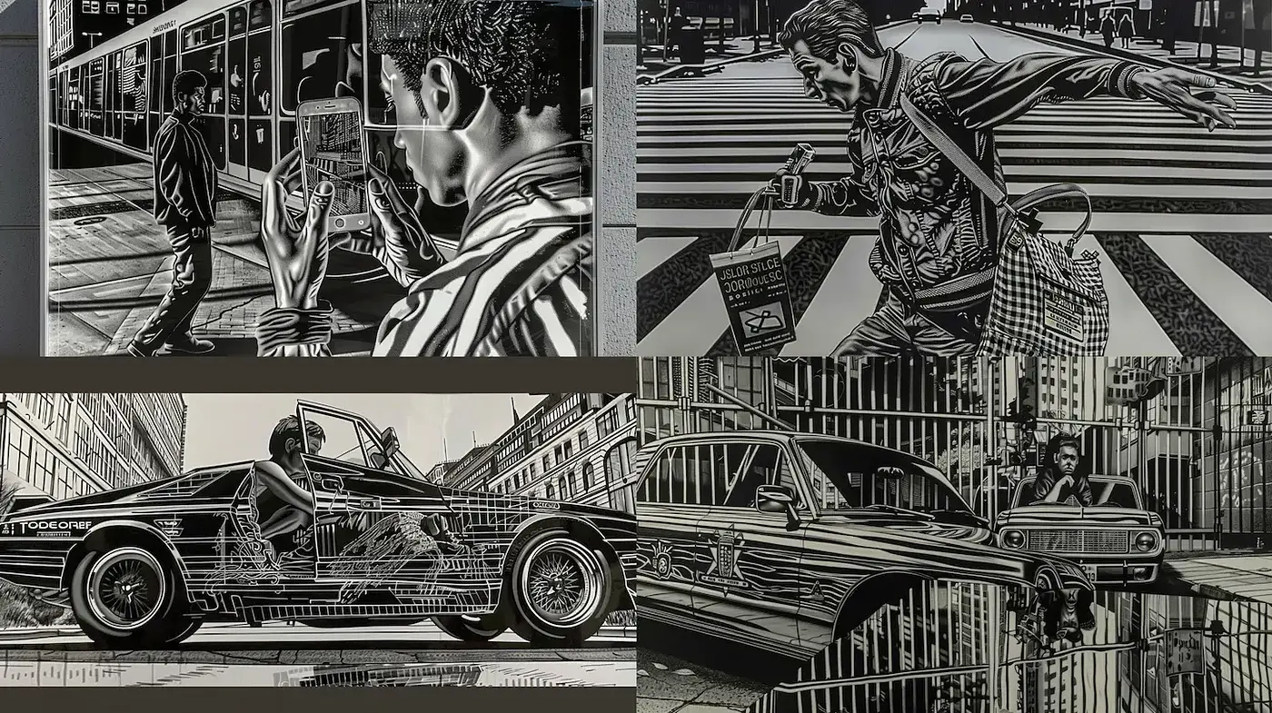Monochromatic Urban Dynamism: A Graphic Novel Approach to City Life - Midjourney sref style