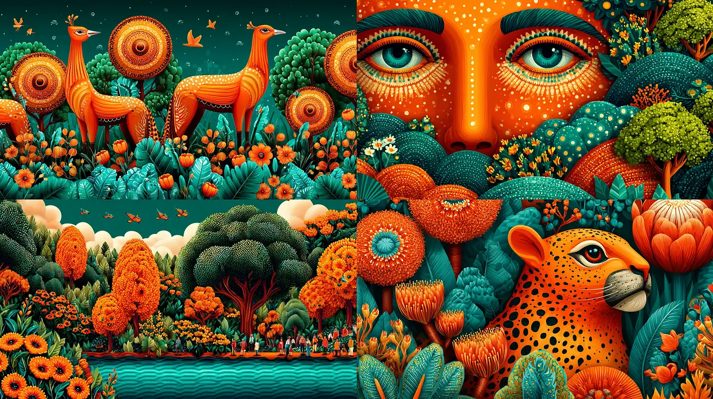 Vivid and intricate illustration blending nature and mythical elements with vibrant colors - Midjourney sref style