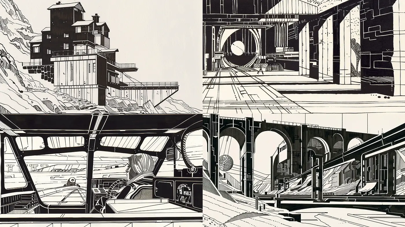 Monochrome Architectural Vantages in Graphic Novel Style - Midjourney sref style