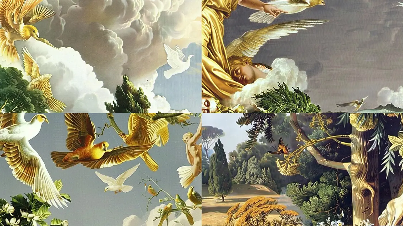Ethereal Paradisiacal Visions: A Harmonious Blend of Neoclassical Grace and Pastoral Serenity - Midjourney sref style