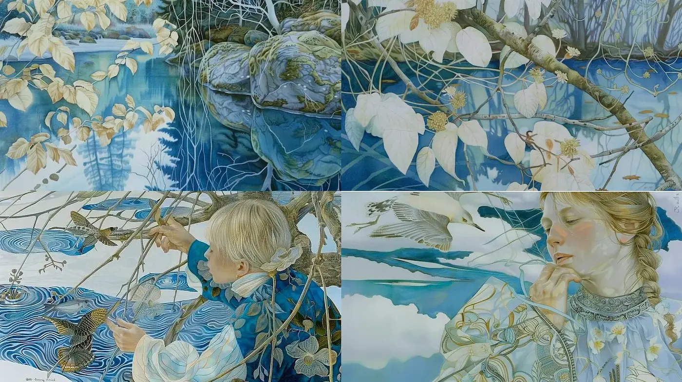 Serene nature-inspired imagery with a focus on detailed textures and harmonious color schemes - Midjourney sref style