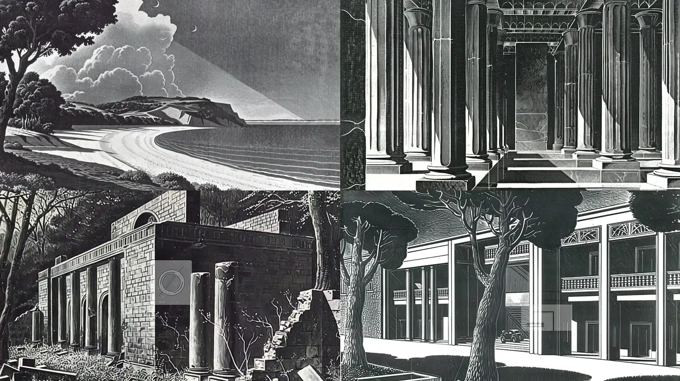 Monochromatic Architectural Dreamscape with Surreal Overtones - Midjourney sref style