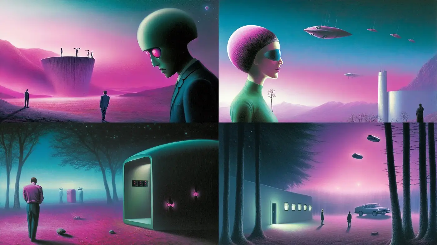 Surreal Twilight Sci-Fi Tableau - Midjourney sref style