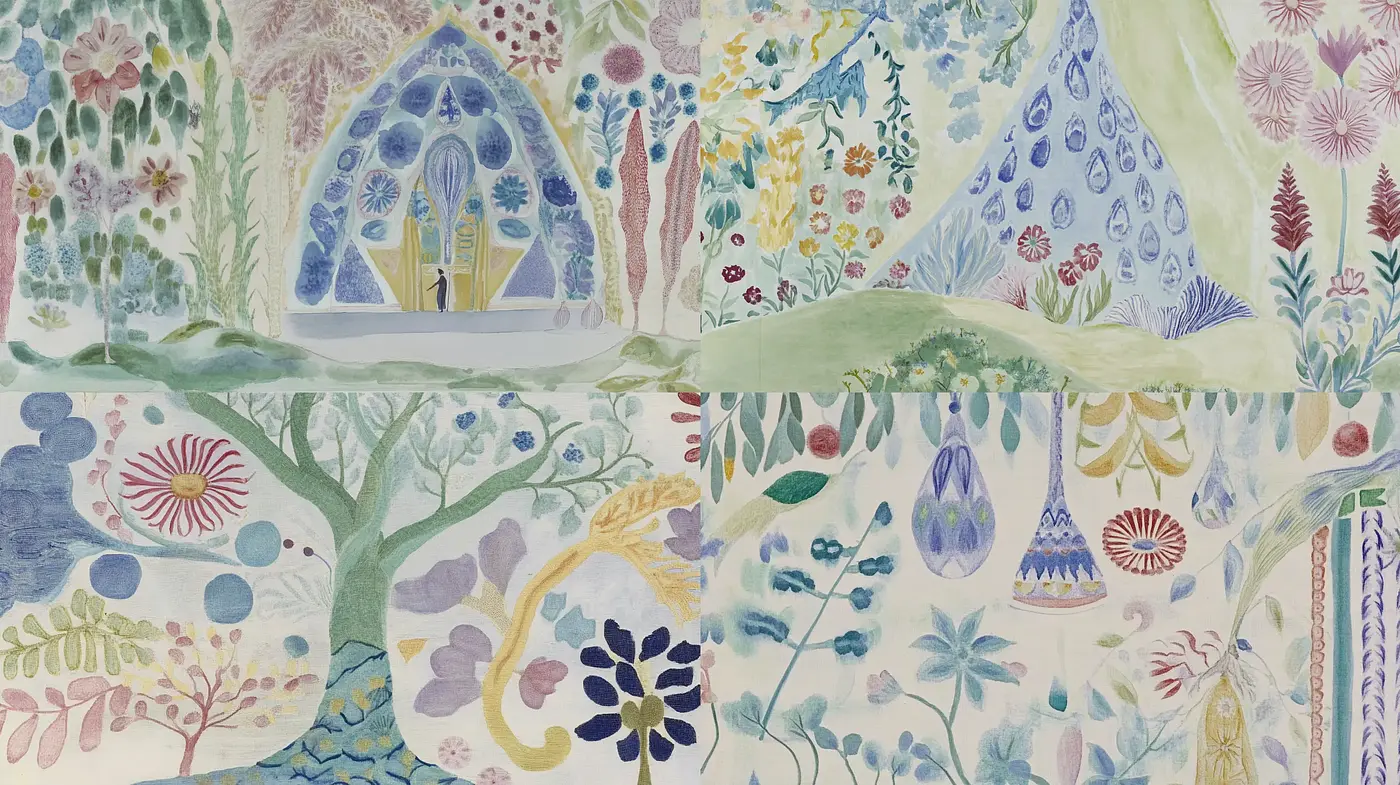 Watercolor Whimsy: Dreamlike Pastoral Scenes with Ethereal Flora - Midjourney sref style