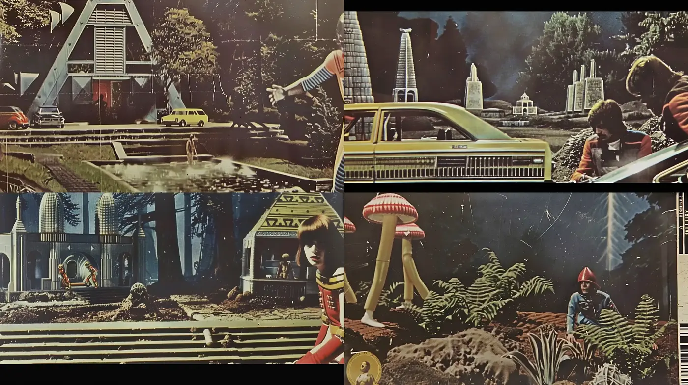 Retrofuturistic Collage with Saturated Earth Tones and Surreal Configurations - Midjourney sref style