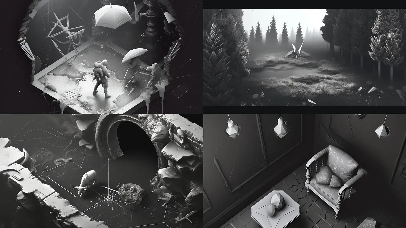 Monochromatic Mystery in Surreal Landscapes: A Study in Shades and Texture - Midjourney sref style