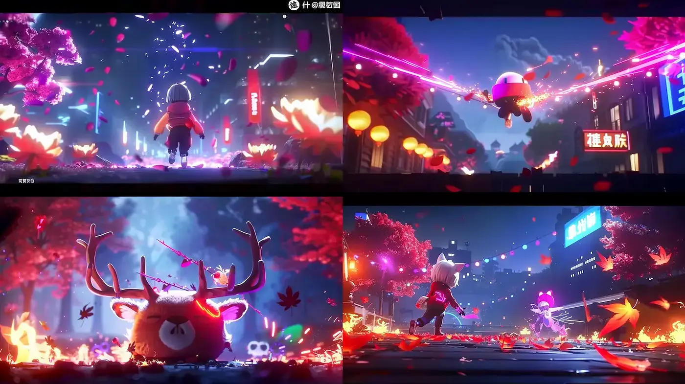 Vibrant futuristic urban landscapes with whimsical characters in magical moments - Midjourney sref style