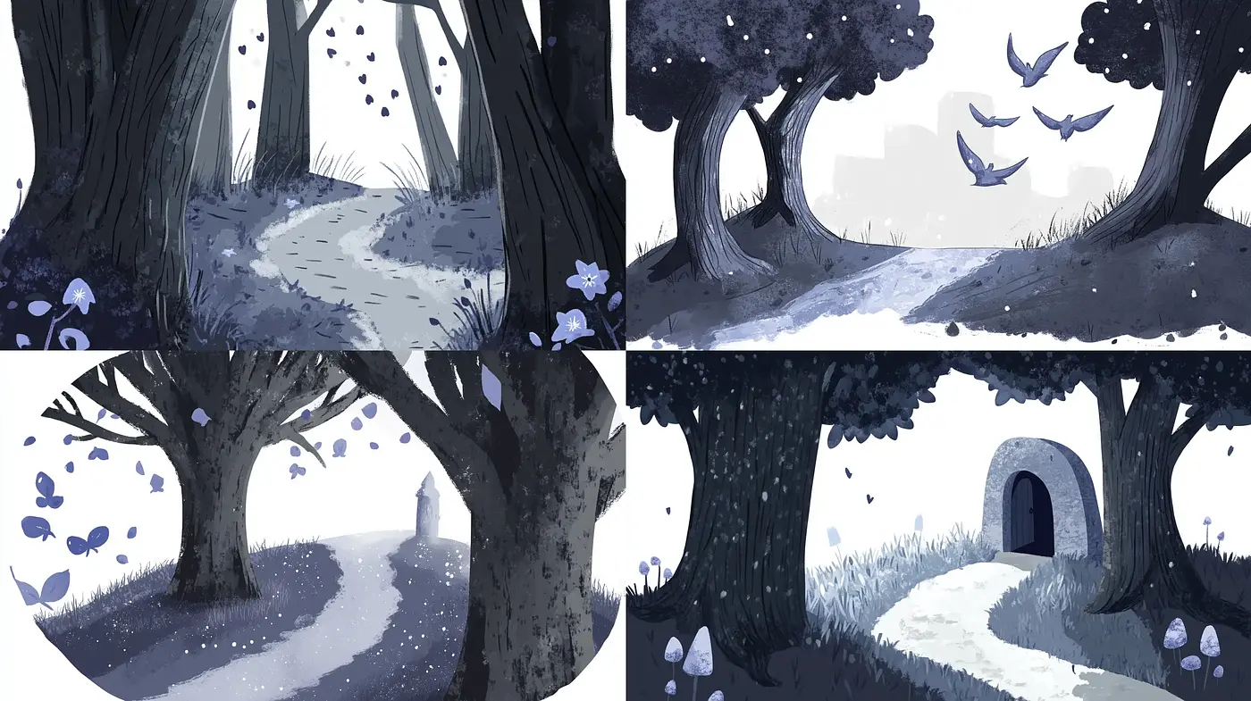 Enchanted Twilight Forests: A Harmonious Dance of Dusky Hues and Whimsical Flora - Midjourney sref style