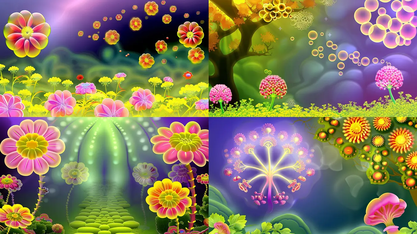 Vibrant Fantasy Flora: A Luminous and Psychedelic Botanical Dreamscape - Midjourney sref style