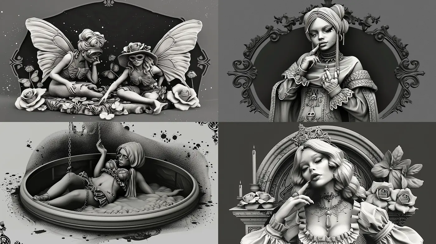 Monochromatic Elegance with Baroque Inspirations - Midjourney sref style