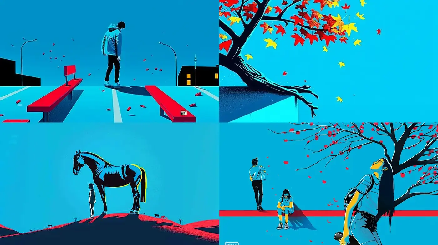 Vibrant blue and yellow surrealism with a contemplative mood and elements of urban life - Midjourney sref style