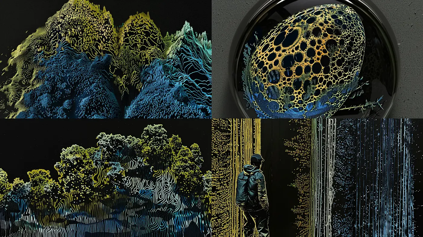 Nocturnal Gold-Infused Dreamscape Fusion - Midjourney sref style