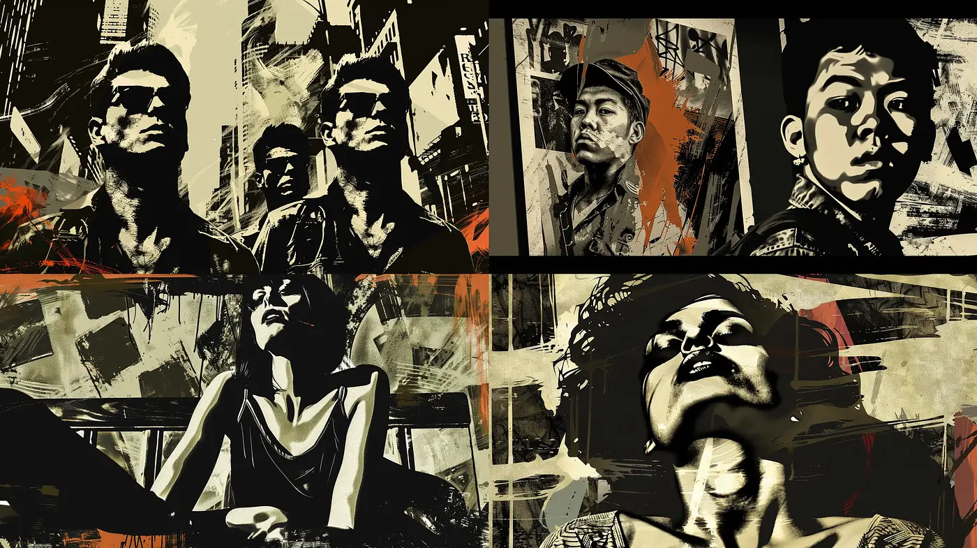 Gritty Urban Expressionism with Dynamic Brush Strokes and a Monochromatic Palette - Midjourney sref style