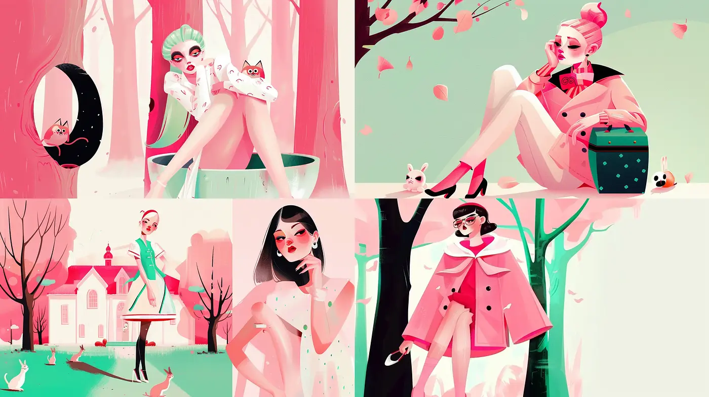 Whimsical Pastel Dreamscapes with Stylized Feminine Elegance - Midjourney sref style