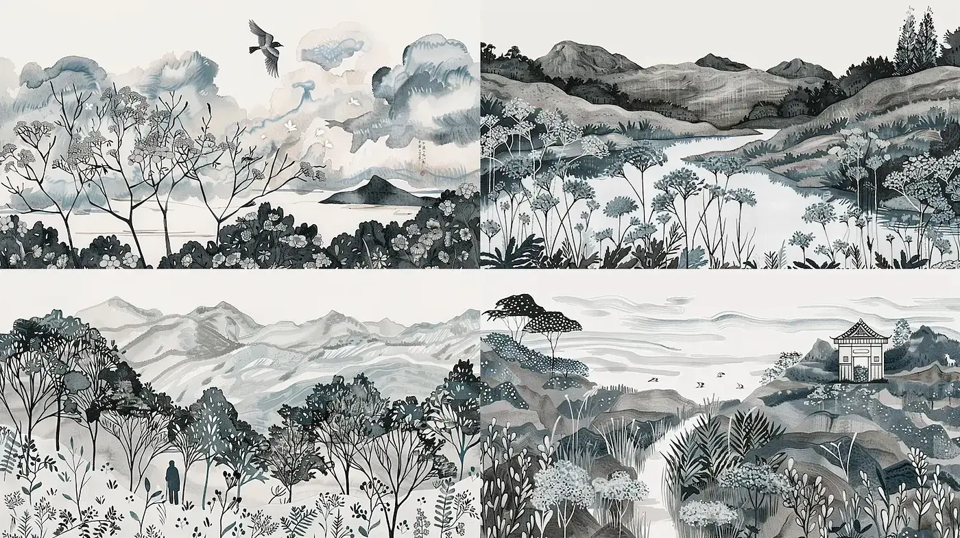 Serene Landscapes with Monochromatic Harmony - Midjourney sref style